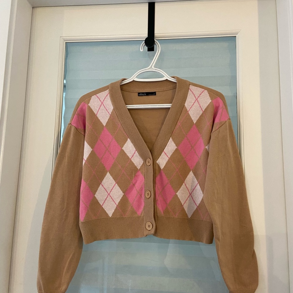 Pink and Tan Argyle Cropped Cardigan Sweater